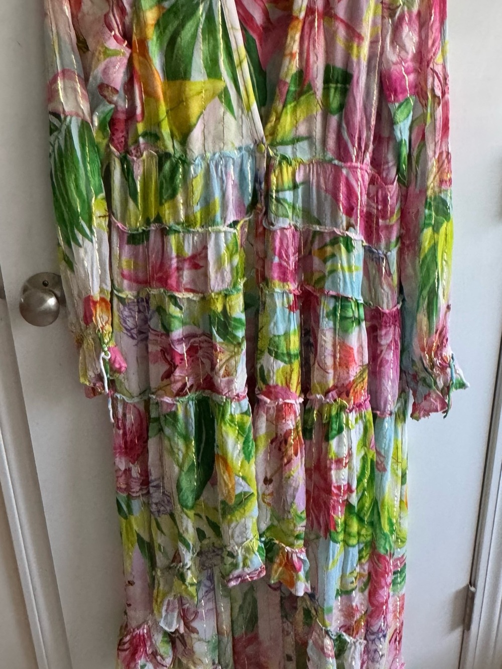 Rococco Sand Floral Tiered hi-low Maxi Dress in Pink, Green & Yellow